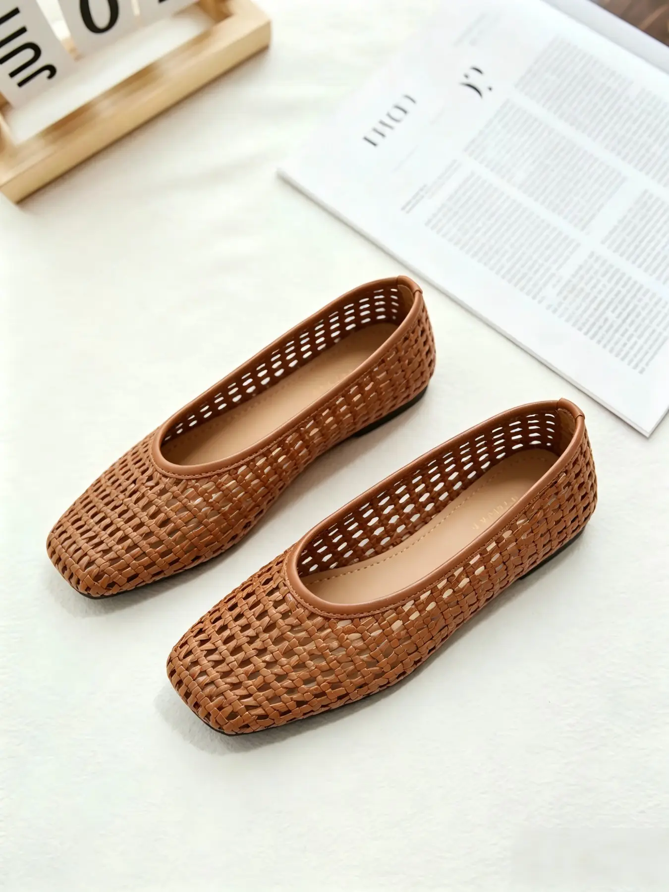 Women Breathable Hollow Woven Soft Non Slip Lightweight Slip On Flats, Summer All Season Vacation Beach Office Daily Travel Wedding Guest Euro Girl Footwear, Handmade Braided Square Toe Full Hollow Cutout Balletcore Minimalist Vintage Ballet Flats
