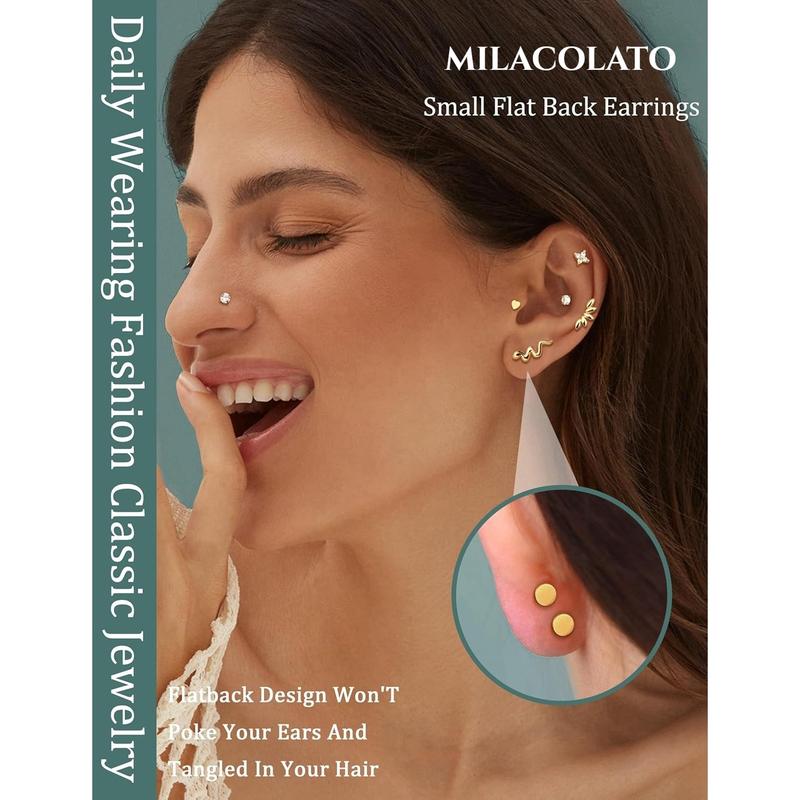 MILACOLATO 20G/16G Threadless Flat Back Earrings for Women 316L Surgical Steel Push in CZ Cartilage Stud Earrings Hypoallergenic Nose Rings Studs Conch Tragus Body Piercing Jewelry 6mm 7mm 8mm Length