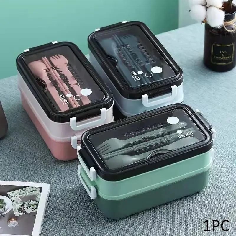 1400ML Dual Layer Lunch Box, Portable Food Container with Fork, Chopsticks, Spoon, Microwave Safe, Ideal for Home, Office, School, Picnic, Portable Food Storage