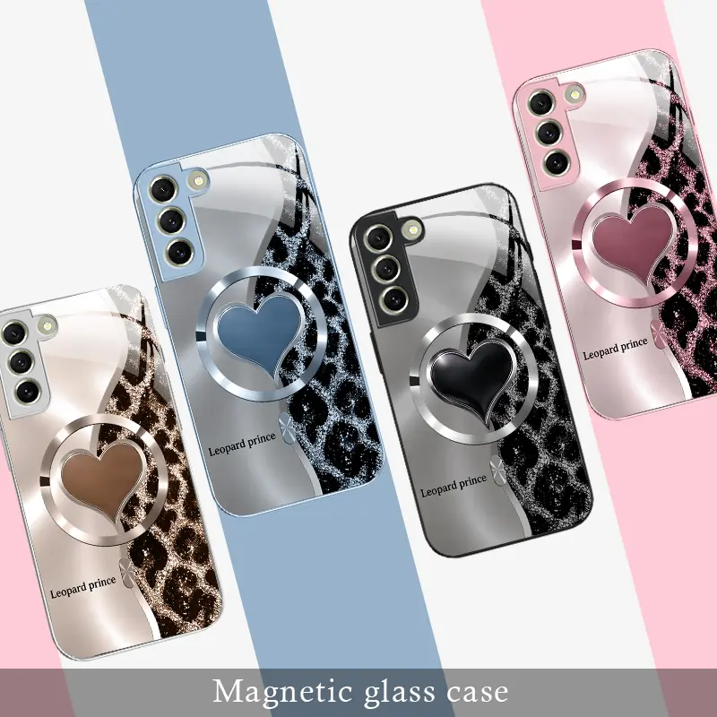 Leopard Heart Magnetic Tempered Glass Phone Case for【Galaxy S21 Fe 5g】Mag‑Safe Compatible Aesthetic Leopard Print Cover Shockproof Anti‑Scratch Protective Case----9435