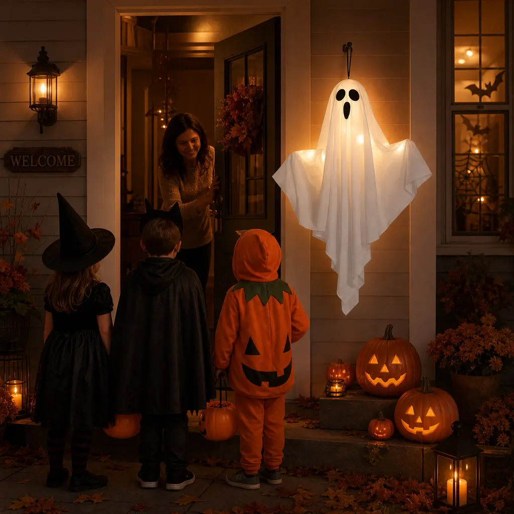 Floating Ghost Halloween Decor, White Light-Up Hanging Phantom for Home, Doorway, Porch, Window & Party