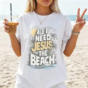 Retro Christian Trendy Tee, All I need is Jesus and the Beach T-shirt, Sunset Summer Shirt, Faith Christian Gift