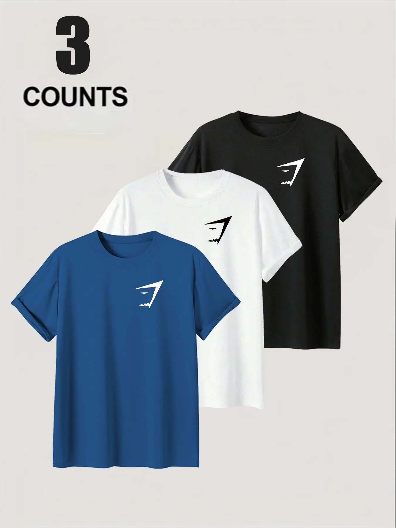 Muscle Shark Three-Piece Set, Breathable Round Neck Print Short Sleeve T-Shirt, Unisex Home Fitness Training Running Casual Top