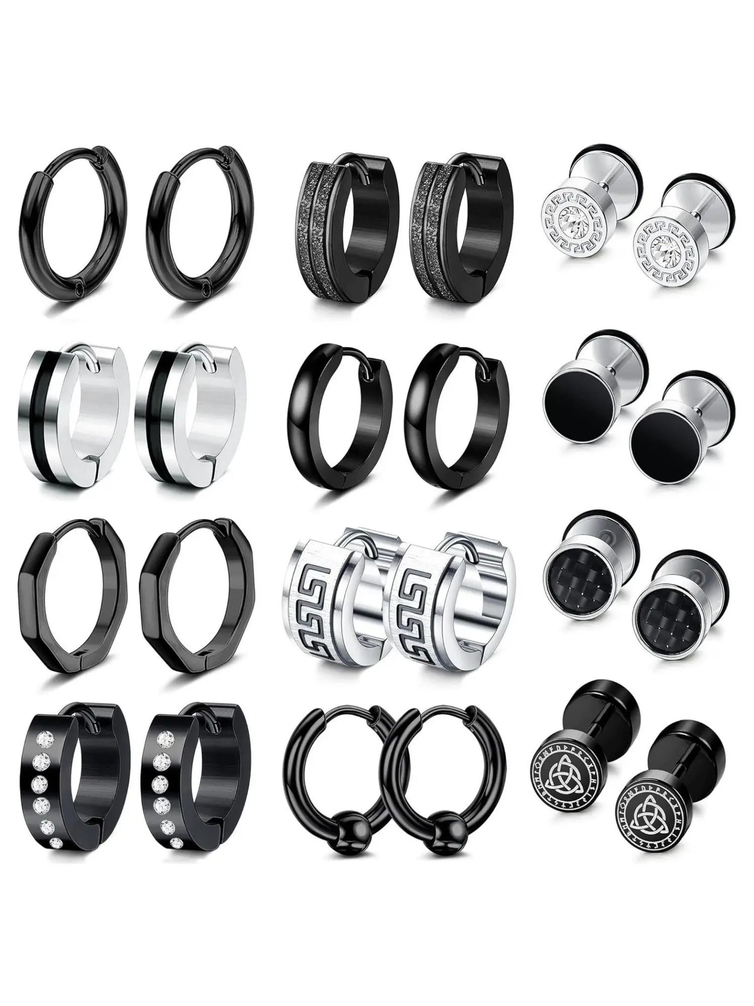 Cool 12 Pairs Black Silvery Stud Hoop Earrings Stainless Steel Stud Earrings Set for Women Men, Hypoallergenic Daily Hoops, Huggie Hoop Earrings Fake Plug Helix Piercing Flat Back Earrings Hoop Earring Sets