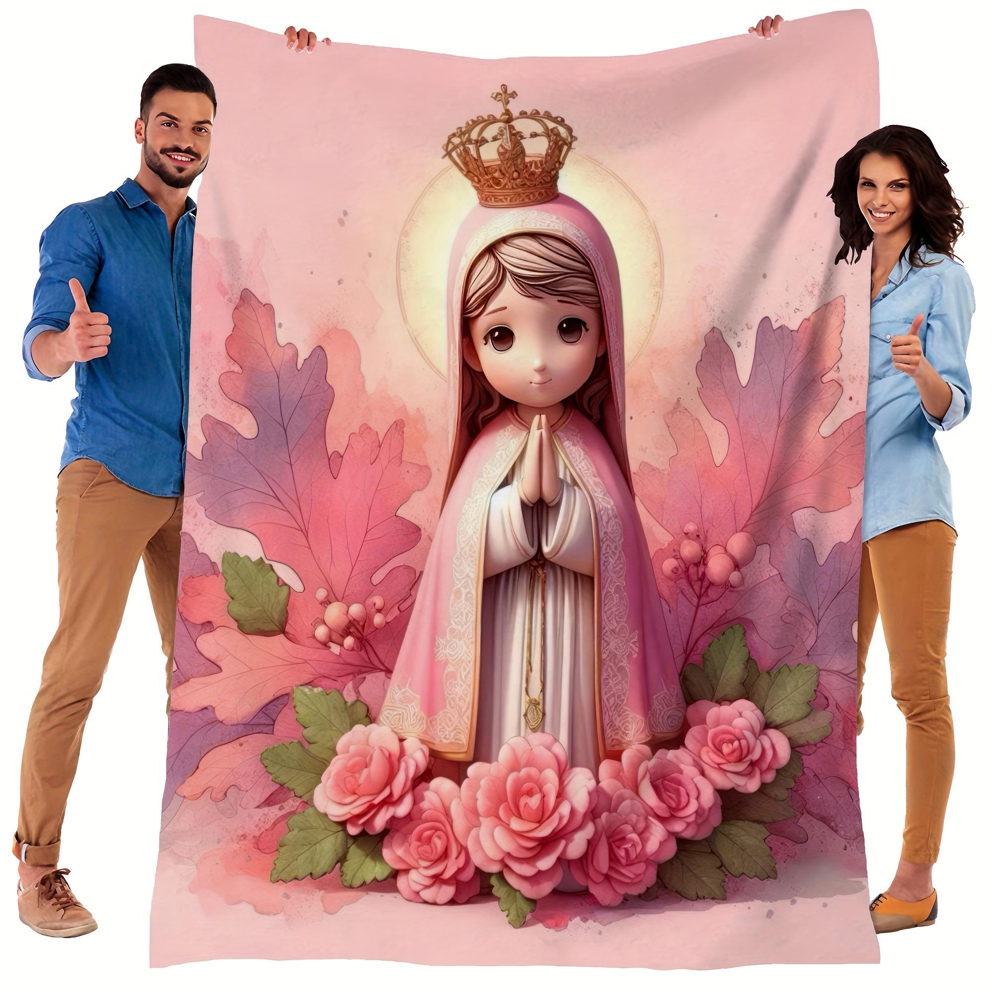 1pc Cute Cartoon Virgin Mary Digital Print Fleece Flannel Blanket, Soft Warm Nap Blanket For Sofa, Office, Bed, Camping, Travel, All-Season Multi-Purpose Gift, Pink, Machine Washable Perfect As A Gift For Friends And Family