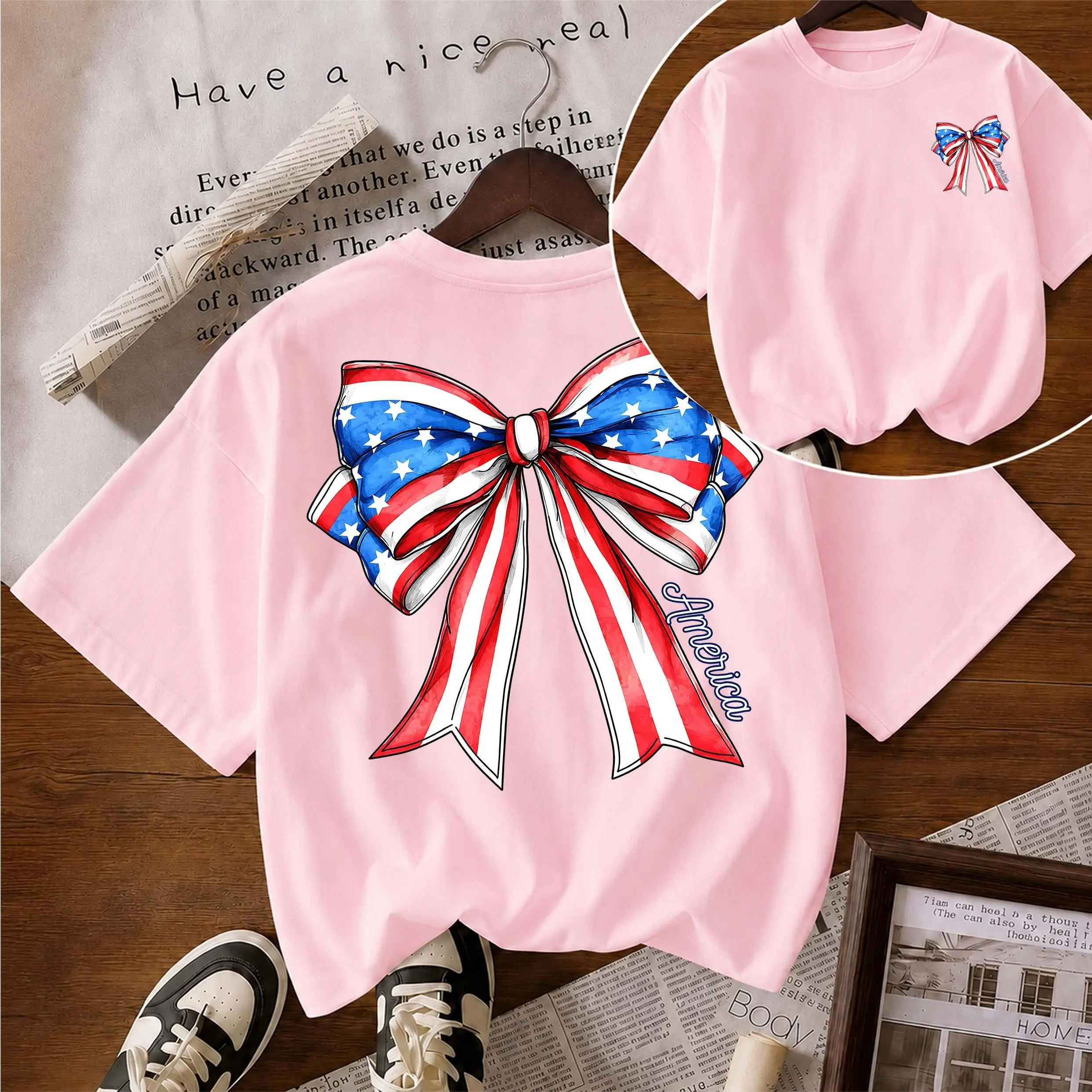 Women's Pure Cotton Short-Sleeve T-Shirt ("Bow Ties and "America") — A Unisex Casual Staple, Particularly Ideal For Spring And Summer Wear. Featuring A Cool Graphic Design And A Classic Crew-Neck Cut, It Is Suitable For All Four Seasons.