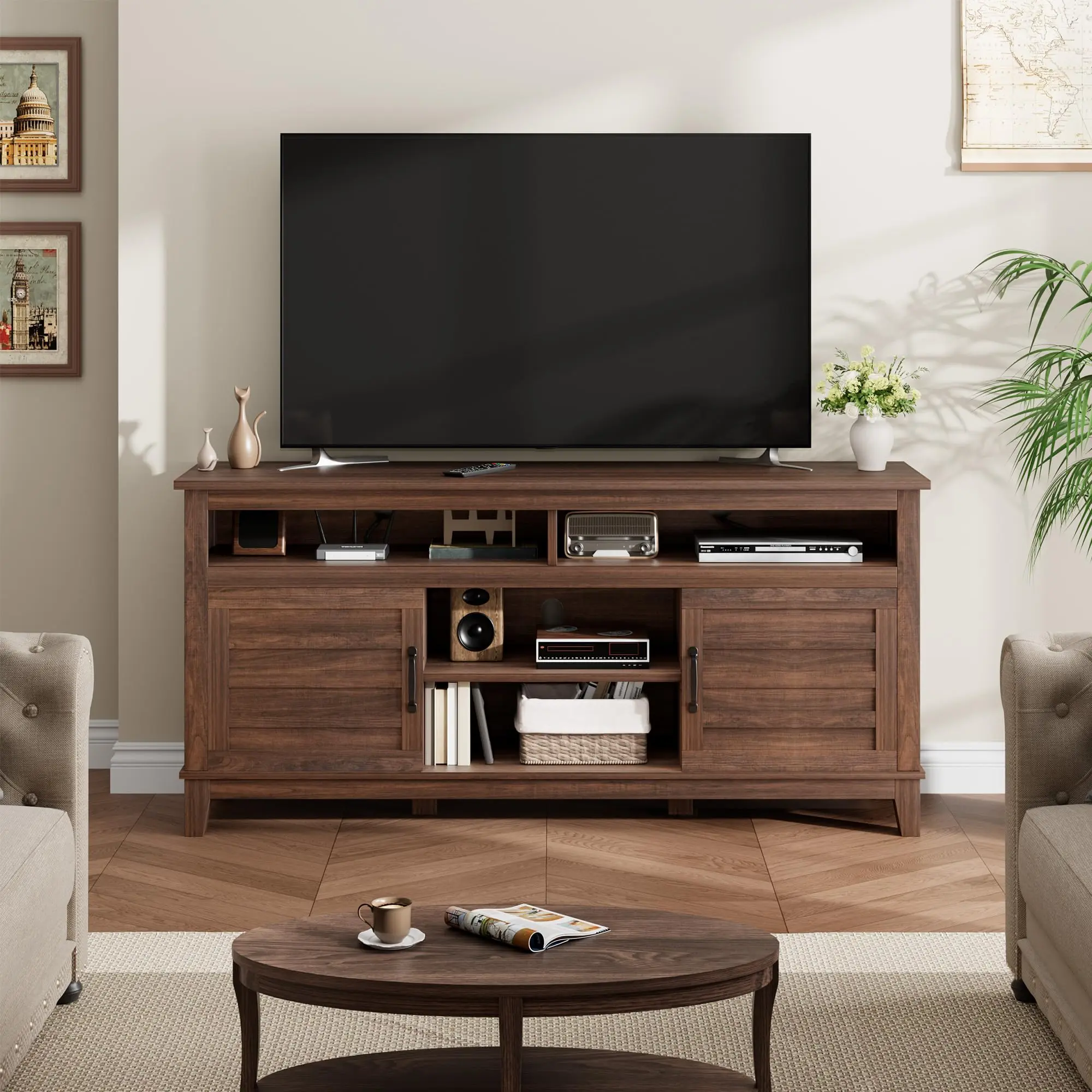 63" Farmhouse Multifunctional Conference Table Only, All-in-One Meeting Desk & TV Stand with Adjustable Shelves and Closed Cabinets, Ample Storage, Modern Brown MDF Build for Offices, Living Rooms and Conference Rooms