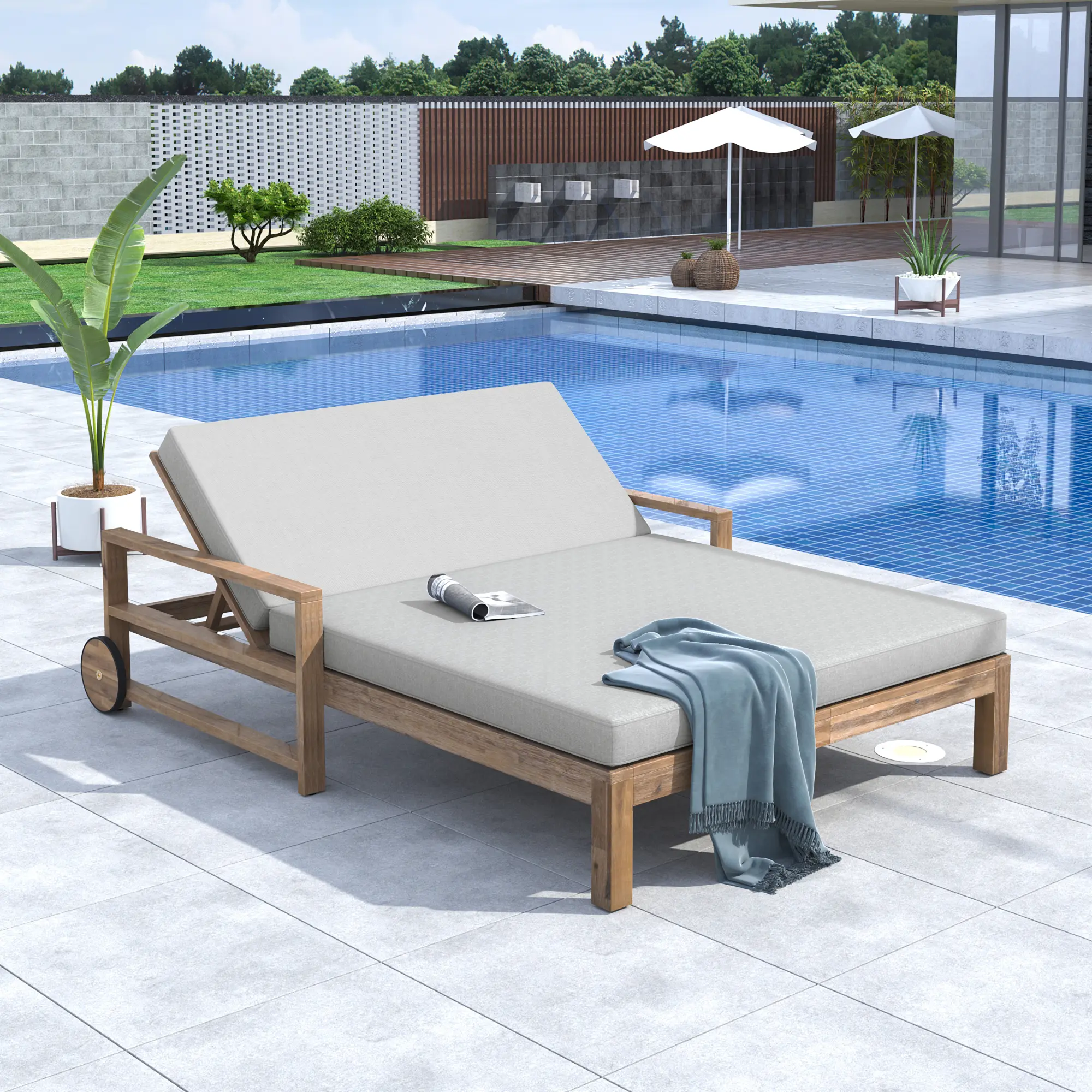 Nokaa 1-Piece Farmhouse Wooden Outdoor Sunbed Daybed with Cushions, Adjustable Backrest, Wheels, Grey Solid Acacia, 76"W x 55"D x 33"H, for Poolside Garden Backyard Patio Relaxation, Seats 2 People, Weather-Resistant
