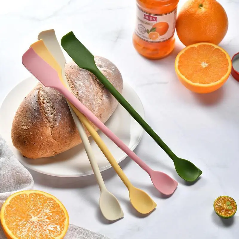 Two-In-One Silicone Jam Scraper, 4 Pcs Double-Ended Jam Spatulas, Household Double-Ended Mixing Spoon, with Slender Curved End for Scraping and A Slender Spoon End for Scooping and Mixing, Kitchen Accessories, Baking Tools.