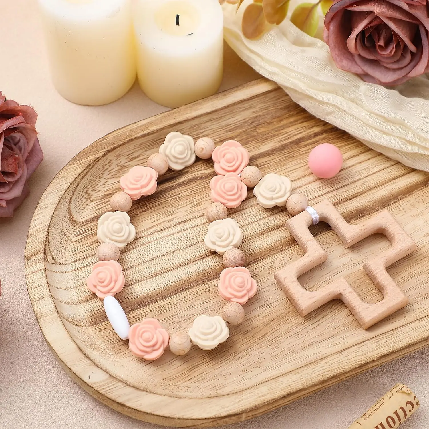 Cross Baptism Silicone Rosary Silicone Ten Year Rosary Baby Shower Baptism Party Supply Catholic First Communion Gift Christian Communion Party Decorations(Rose,Light Pink)