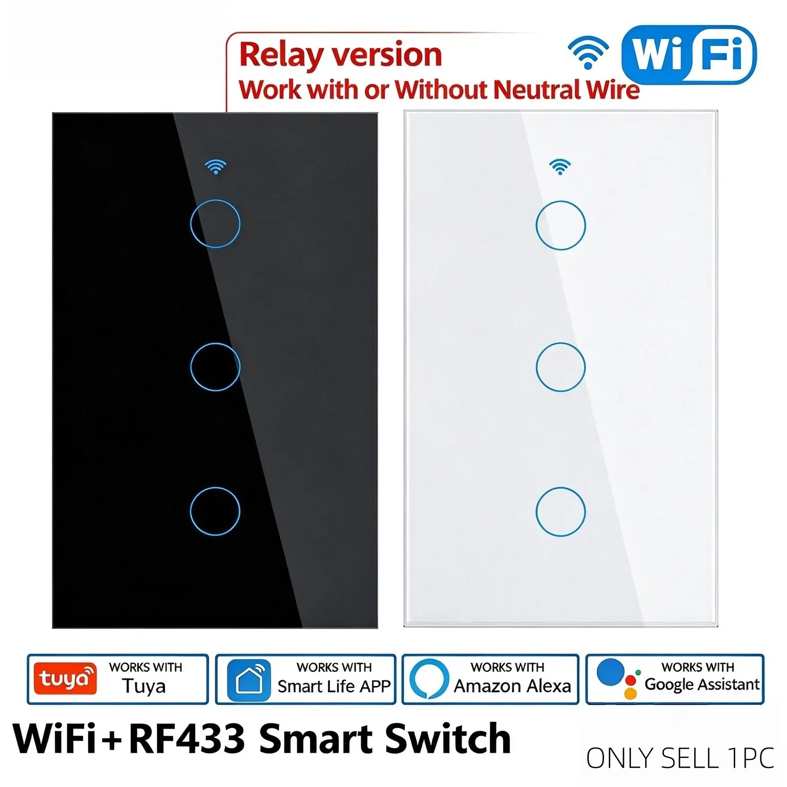 1pc 3 Gang Tuya WiFi Rf433 Smart Light Switch, Tempered Glass Touch Wall Switch, Compatible with Smart Life APP, Alexa, Google Home