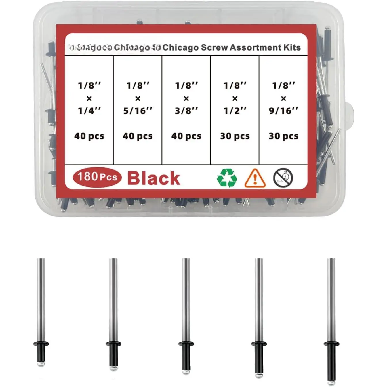 180 count Black 1/8 Inches Pop Rivets  Kit,5 Sizes  Rivets, blind pro Rivets for DIY/Metal/Furniture/Instruments