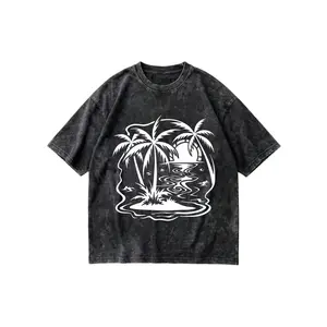 Vintage Washed T-shirt with Tropical Palm Print, 230Gsm Heavyweight 100% Cotton Boxy Fit Graphic Tee with Acid Washed Y2K Retro Finish, Summer Vibe Streetwear Aesthetic Gift