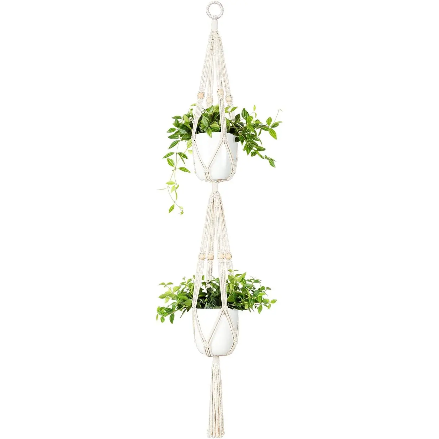 Macrame Double  Hanger Indoor Outdoor 2 Tier  Planter Basket  Rope with Beads 4  49 Inches