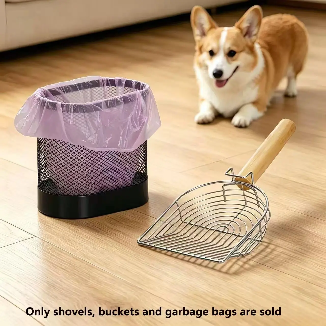 Pet Waste Bin Set, Creative Multi-Functional Litter Scoop Holder, Durable Handle and Washable Rack, Easy Pull Bag Dispenser