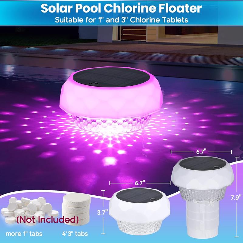 Pool Chlorine Floater with Solar Light, Chlorine Tablet Floater for Pool Fit 1" and 3" Tablets, Floating Chlorine Dispenser with Remote and Adjustable for Pool  Hot Tub