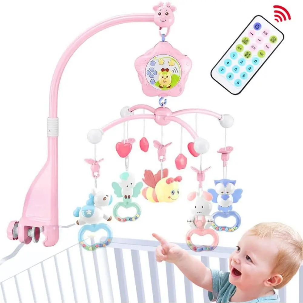 Baby Mobile  Crib with Musicial and Lights, Remote and Projection. Pack and Play Toys  Ages 0+ Months (Pink-Bee)