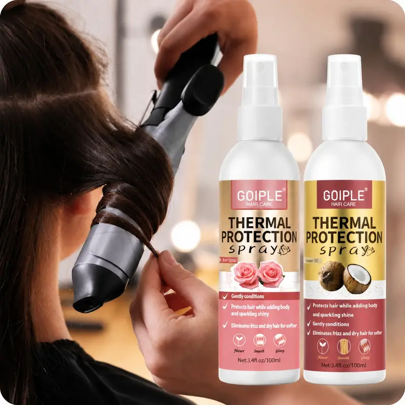 3.4oz Heat Protection Spray Set, Heat Protectant Spray, 100ML Rose & Coconut Scent, Prevents Heat Damage, Moisturizes Hair, Shines, Smooth, Easy to Use, Dry/half-Dry Hair, Haircare Heat Protectant