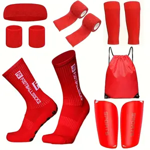 Football Sports 6-Piece Set with Shin Guards, Ankle Socks, Letter Adhesive Mid-Calf Socks, Storage Bag, Bandages, Headbands for Outdoor Activities