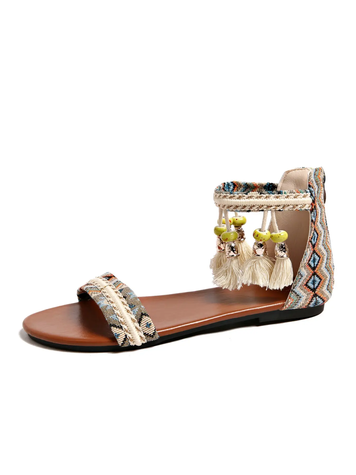 Boho Ethnic Beaded Tassel Flat Sandals For Women, Vintage Woven Strap Back Zipper Open Toe Ankle Sandals, Casual Beach Vacation Shoes