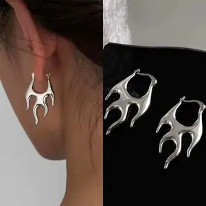 Punk Silver Color Flame Hoop Earrings for Women Exaggerated Metal Irregular Geometric Piercing Earring Jewelry Gifts