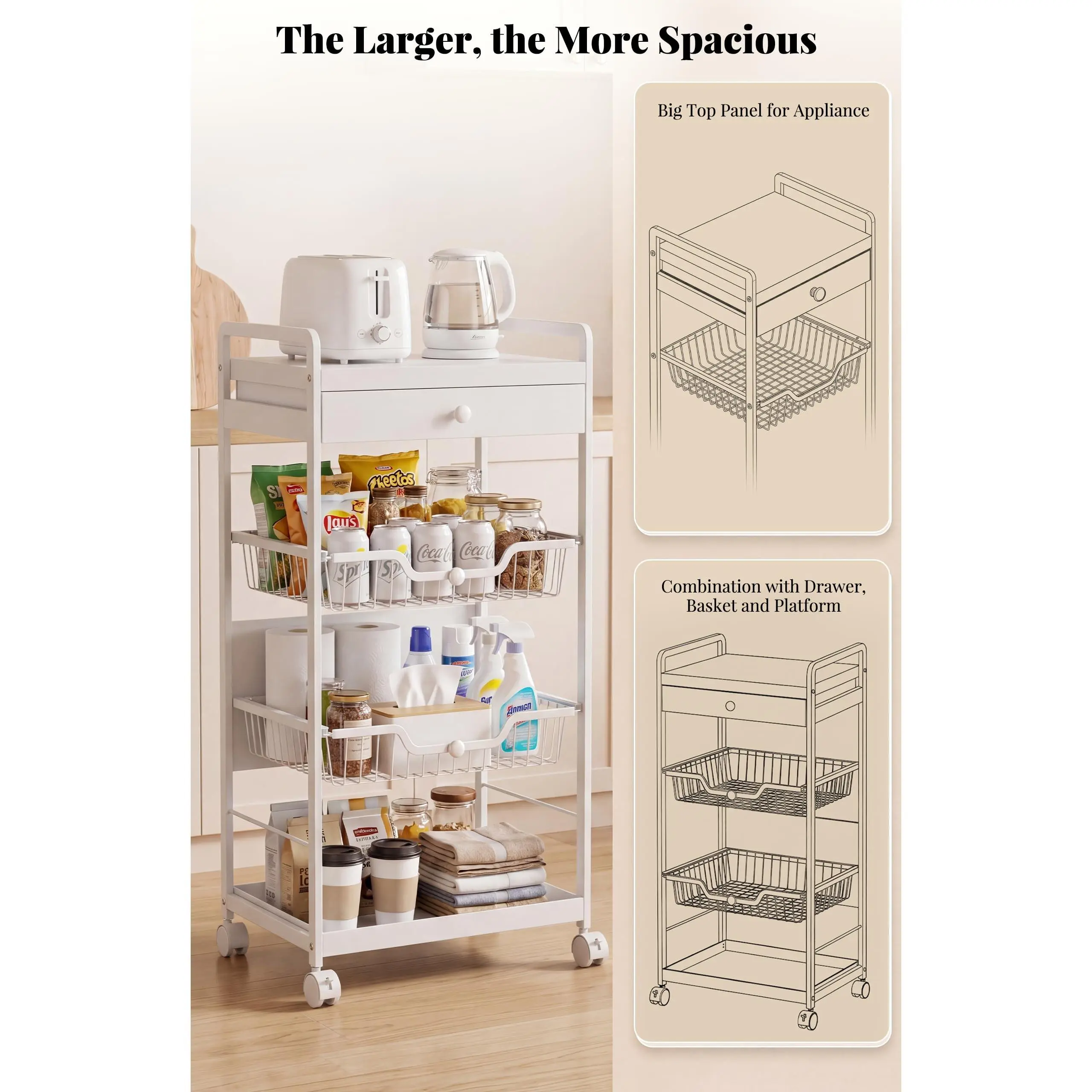 Durable 4-Tier Metal Rolling Utility Storage Cart - Multi-Purpose Mobile Organizer with Wheels - Ideal for Kitchen, Pantry, Home Organization - Sleek Black and White Finish