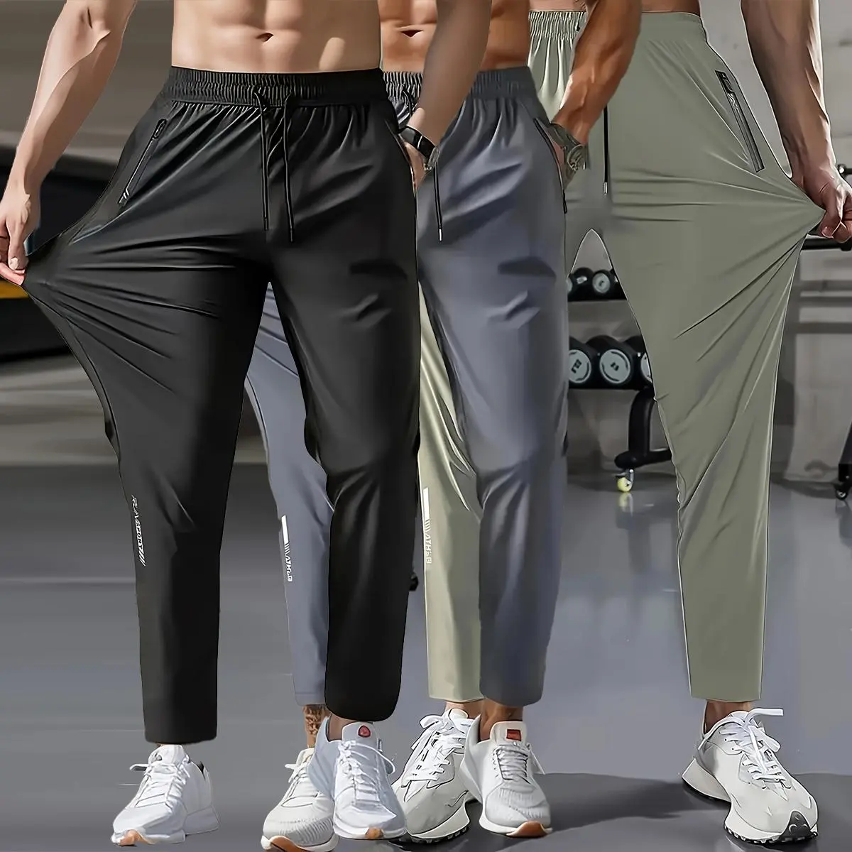 Men's Printed Ice Silk Athletic Pants, Quick-Dry Fitted Activewear with Zipper Pockets and an Adjustable Drawstring, Built For Gym, Runs, And Street Days, Quick-Dry Helps You Stay Fresh, Fitted Cut