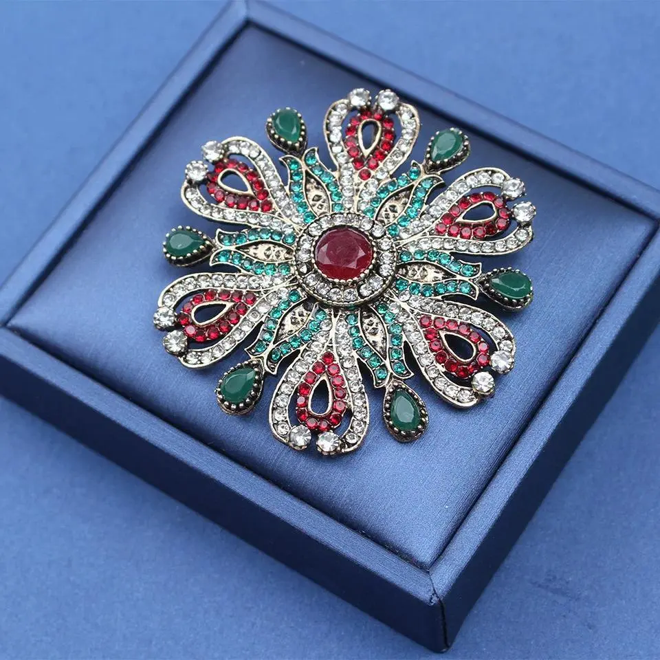 Vintage Bronze Floral Brooch, Hollow Fan Shape Inlaid Red Green White Rhinestones, Big Central Red Oval Gem, Retro Court Style Statement Lapel Pin, Luxury Ornate Jewelry for Women Suit Coat, Elegant Gift for Vintage Accessory Collectors