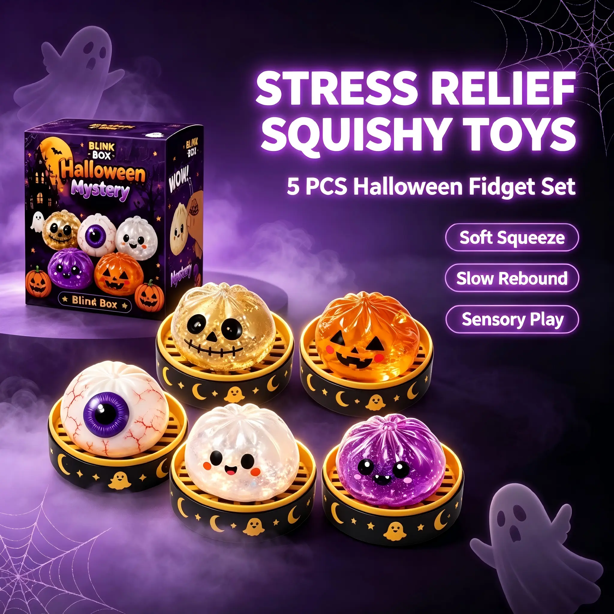 Spooky Cute Halloween Rubber Single Squishy Fidget Toy - Demon Ghost, Jack-o'-Lantern, Scary Eyeball, Gold Glitter Skull - Stress Relief Squeeze Toy, Holiday Gift for Kids, Gatherings Supplies, Party Favors, Trick Or Treat Fillers