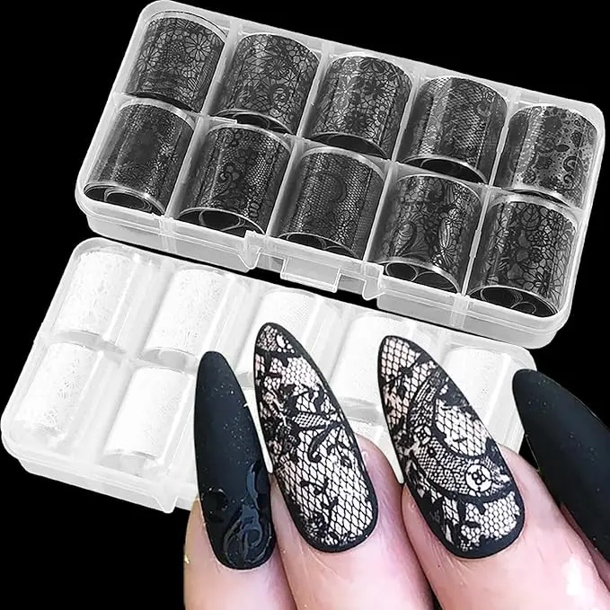 10-Rolls Lace Nail Foil White/Black Nail Transfer Foil Flower Nail Art Foils Decals Retro DIY Handmade Holographic Foils for Nails Manicure Stickers Gothic Flower Nail Art Stickers Decals Set
