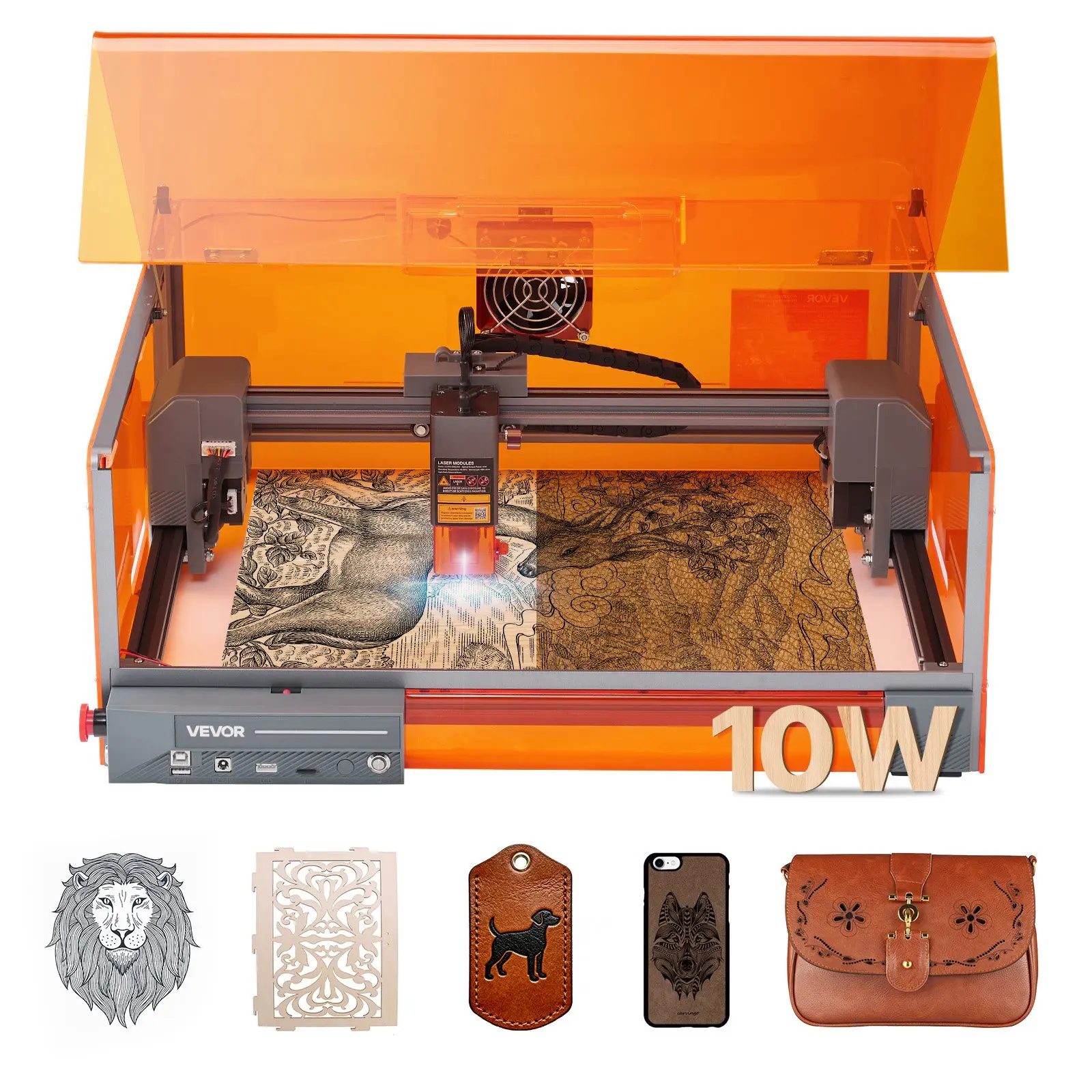 VEVOR Laser Engraver, 10W, Laser Engraving and Cutting Machine with Enclosure, Laser Cutter Engraver Machine, 11.8x 11.8 in Working Area, 7000 mm/min, for Wood, Leather, Glass, Certain Metal, Class 1
