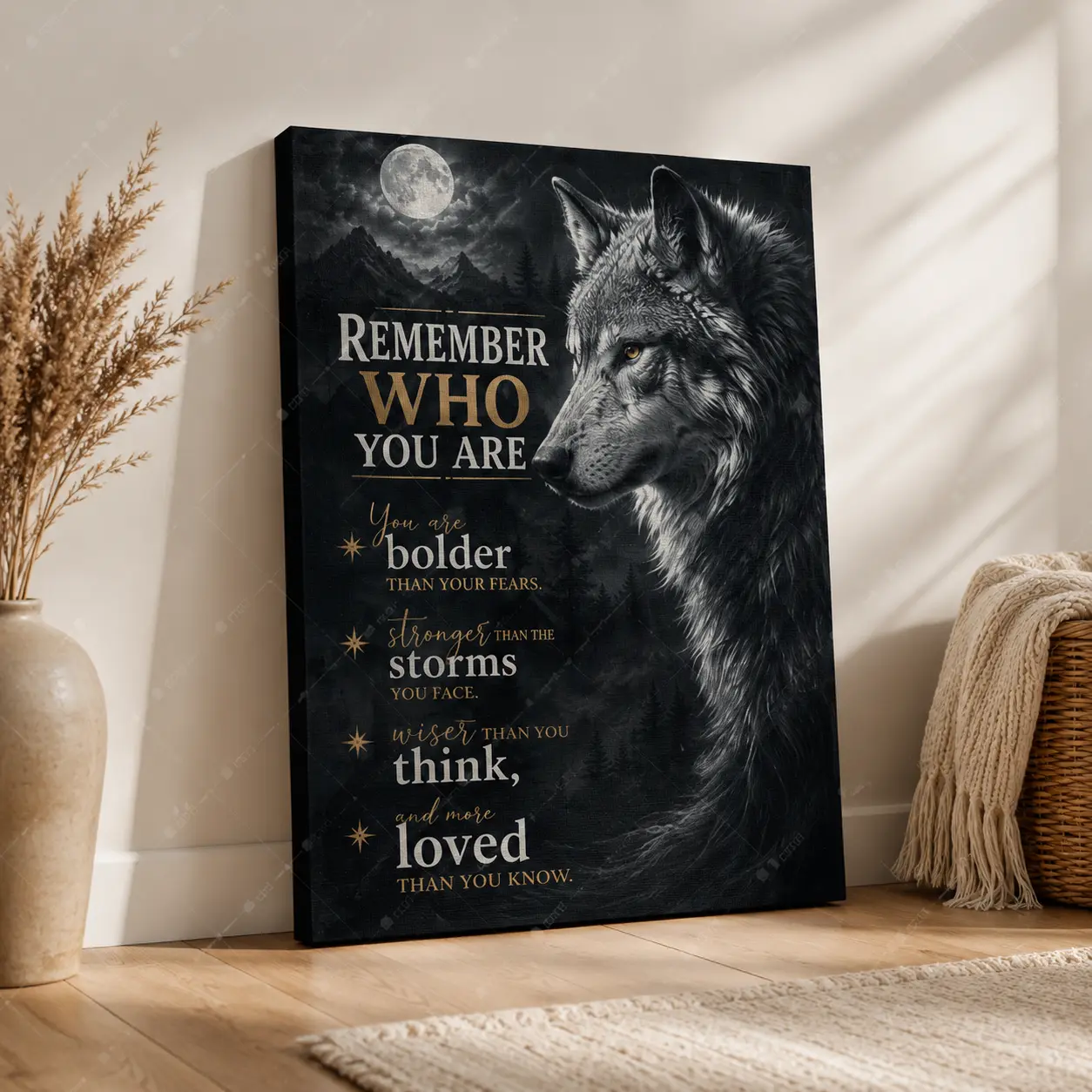 Wolf Motivational Quote Canvas Wall Art, Moonlit Forest Animal Poster, Inspirational Wolf Wall Decor, Rustic Cabin Bedroom Living Room Decor, Unframed Canvas Poster or Framed Canvas Wrap