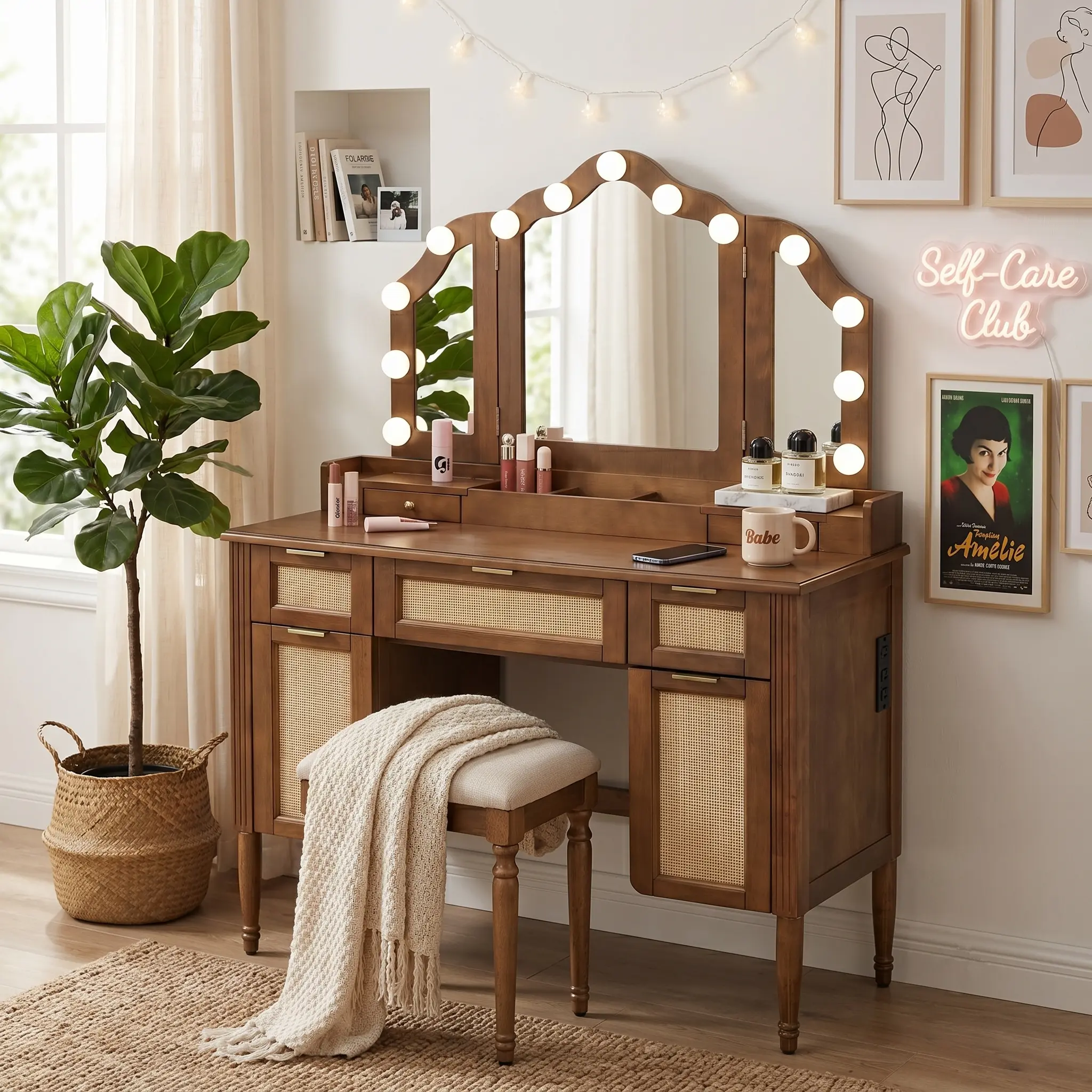 summerwins Backlit Adjustable Brightness Espresso Makeup Vanity Desk (44.37 in) - 13 Hollywood Bulbs, 3 Lighting Modes, Tri-Fold Mirror, 5 Drawers, Shelves, Charging Station, Transparent Top, Fold-Up Pane, Vanity Organization for Bedroom, Makeup Organizat