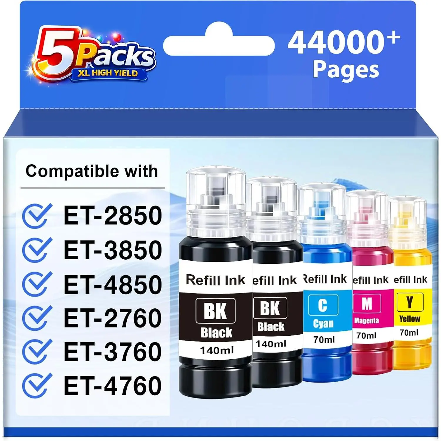 Compatible  Refill Bottles  for EPSON 502  Refill Bottles High Capacity, Work with Epson EcoTank ET-2850 ET-3850 ET-4850 ET-15000 ET-3760 ET-2760 Printers (5-Pack,2BK,CMY)