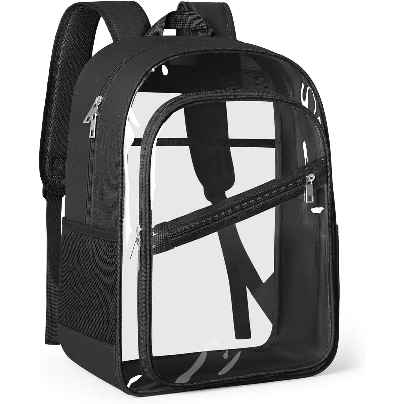 Clear Backpack, Fabric & PVC Transparent Bookbag with Padded Straps for Women Men, Large Capacity 4-Layers See Through Heavy Duty Back Pack for Work Travel Concert Festival Security L (Black)Gift.