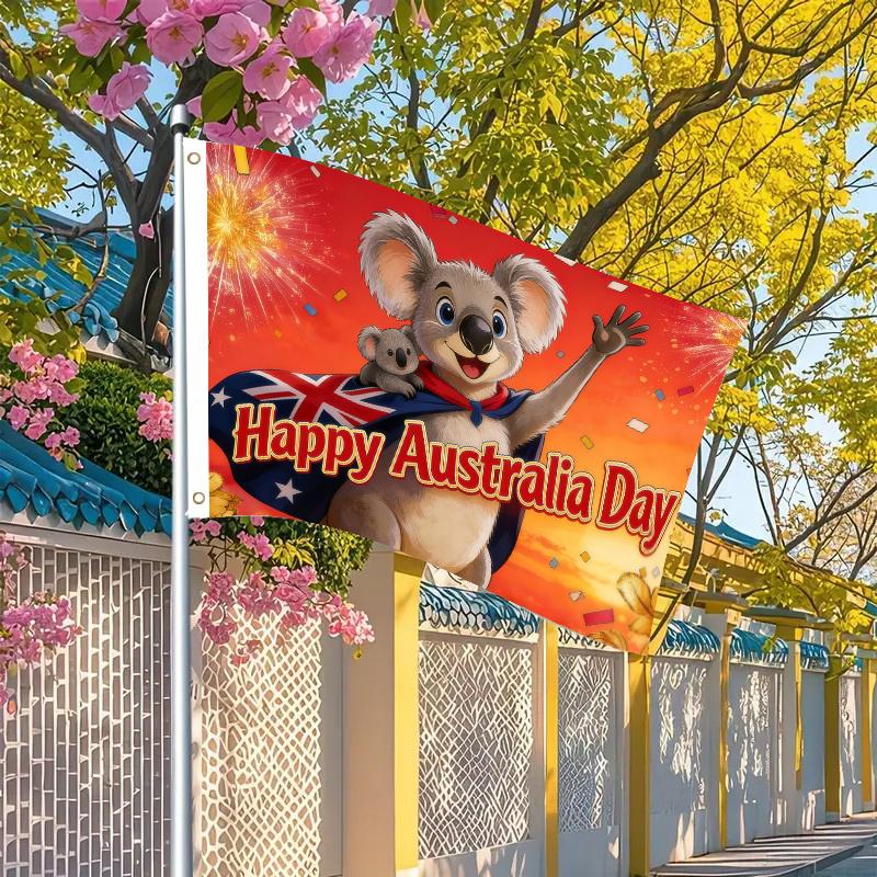 1-Pack 2D Flat Style Flag Featuring Cape with Kangaroo Mother & Australian National Flag, Decorated with Fireworks and Confetti - 2D Flat Printed National Day Theme Design - 3x5 Ft Single-Sided Hanging with Double Grommets