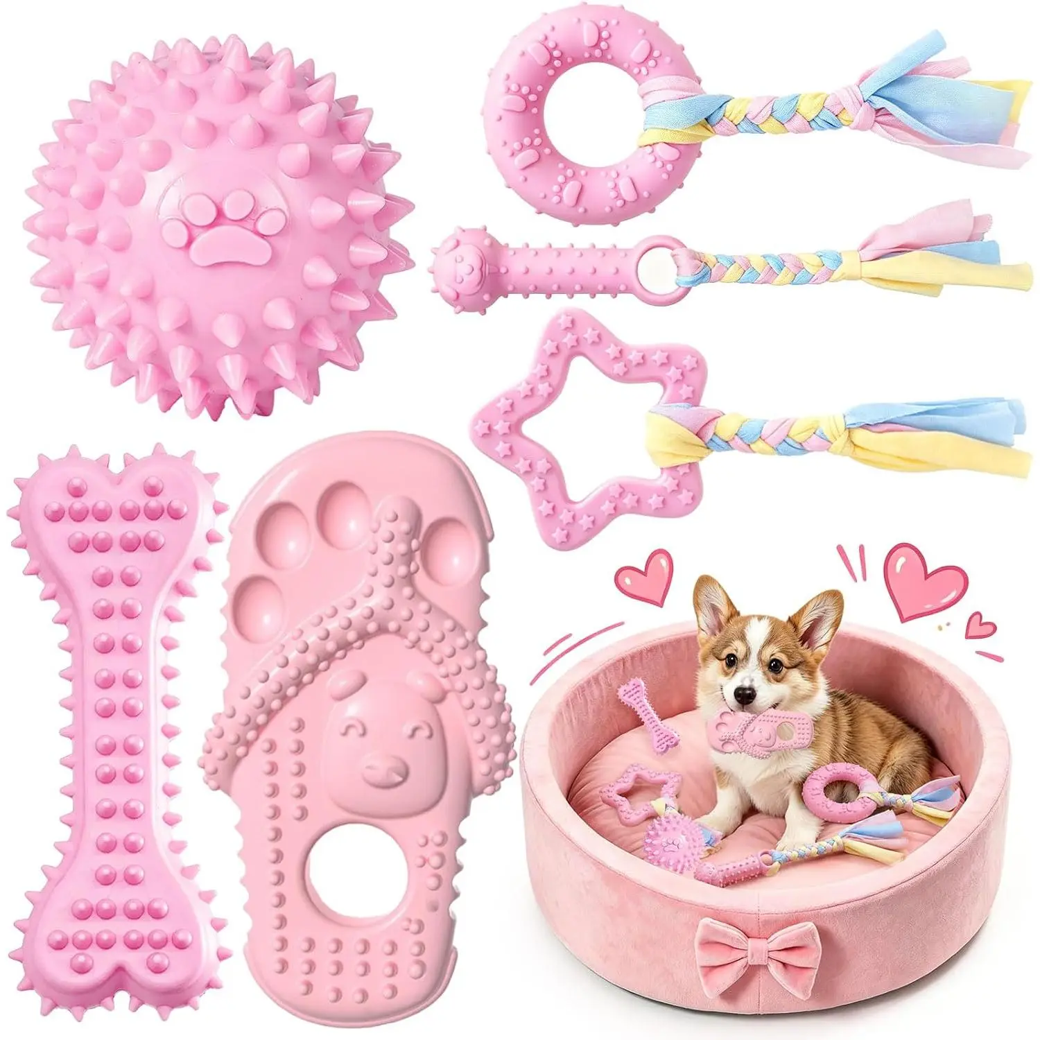 6Pcs Small Puppy Flexible Rubber Teething Chew Toy Set, Mixed Shapes Bite Accessory for Teething Relief, Easy to Clean, Flexible Rubber Chew Toys