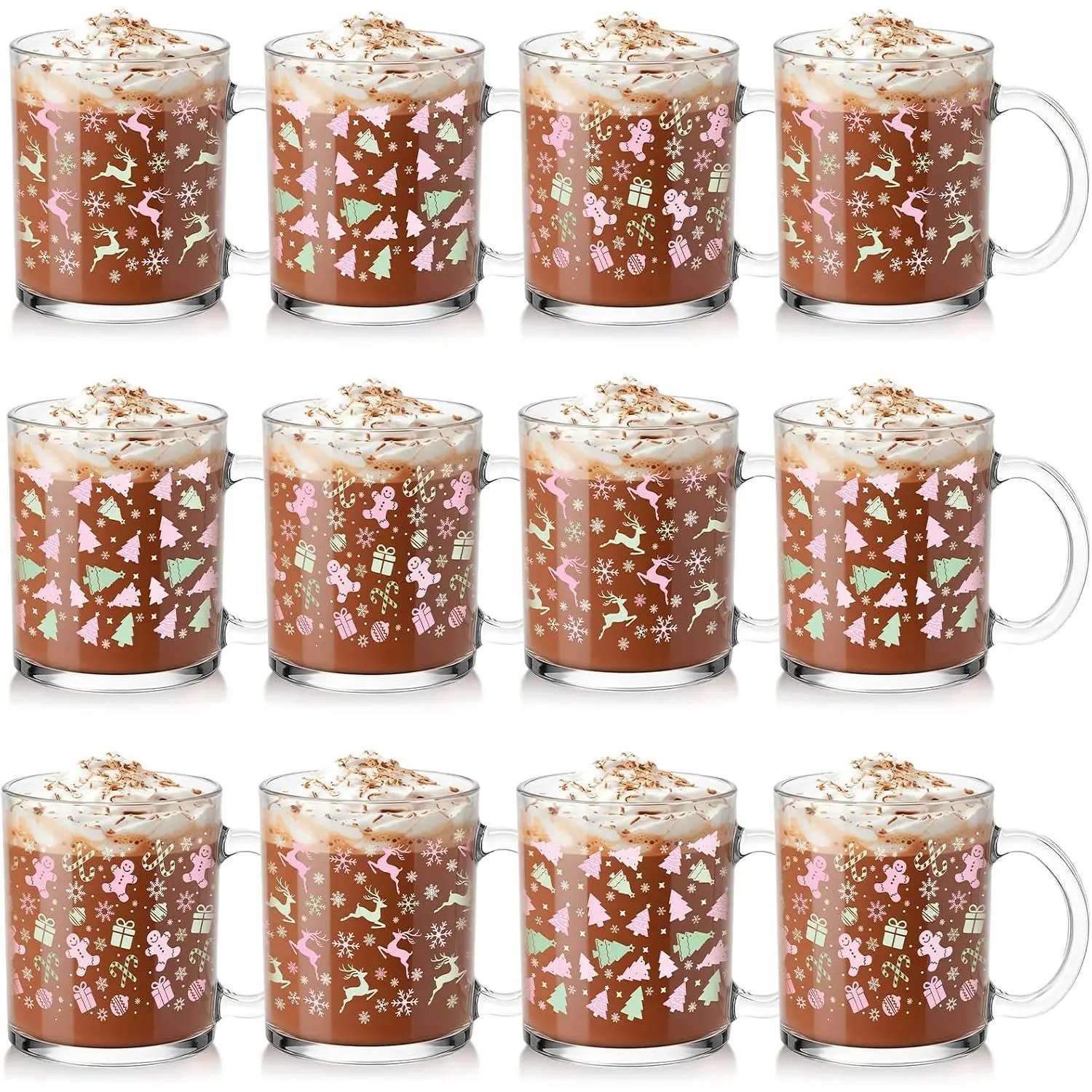 12 Set Christmas Glass Mugs Gifts 12Oz Winter Coffee Mugs with Handle Pastel Santa Gingerbread Snowflake Hot Coco Mug  Christmas  for Women Staff Coworker Appreciation Holiday  Year