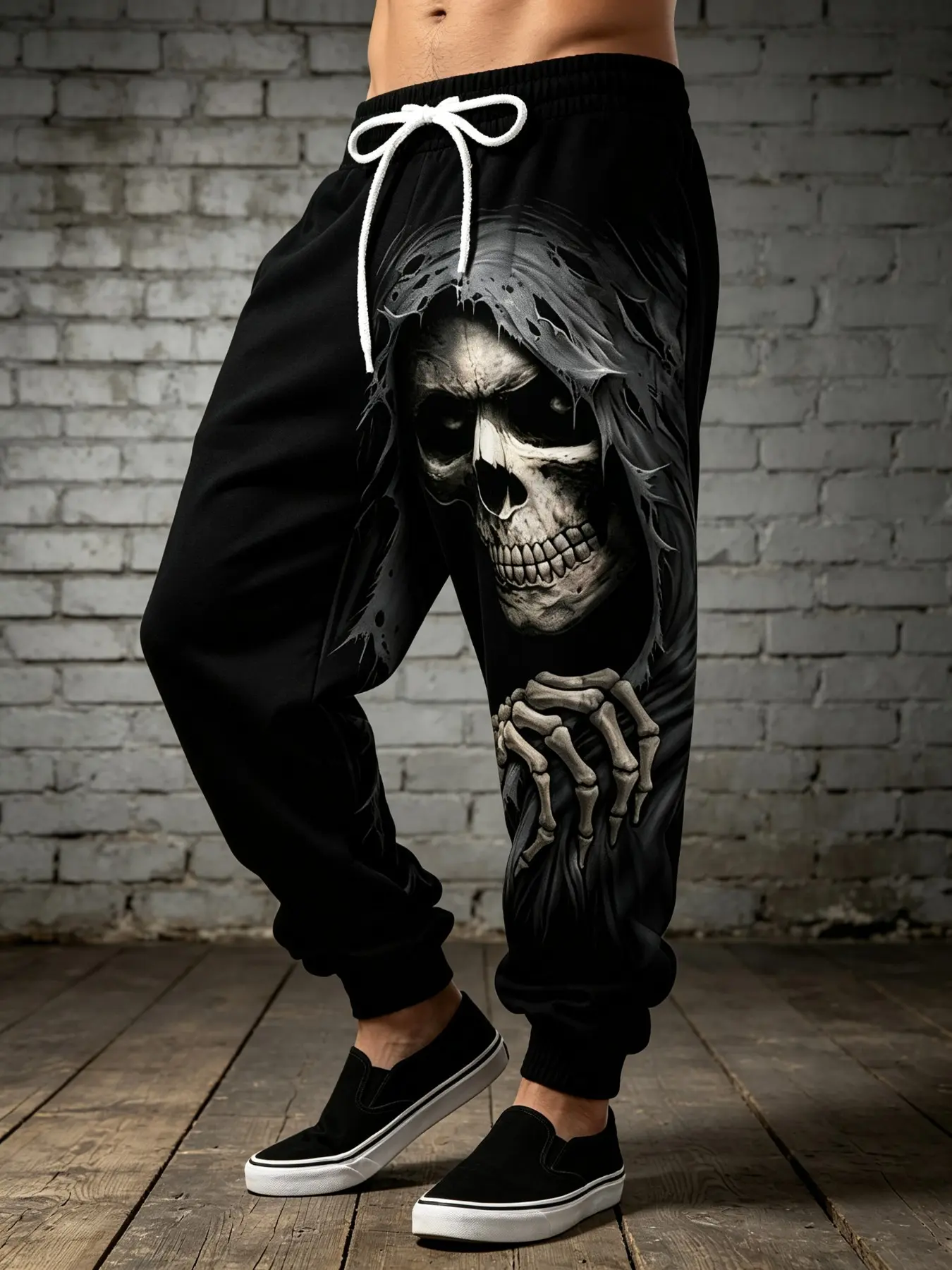 Boho Sweatpants with Skull Pattern, Loose-Fit Drawstring Waist, Spring & Fall Streetwear, Unisex Casual Bottoms