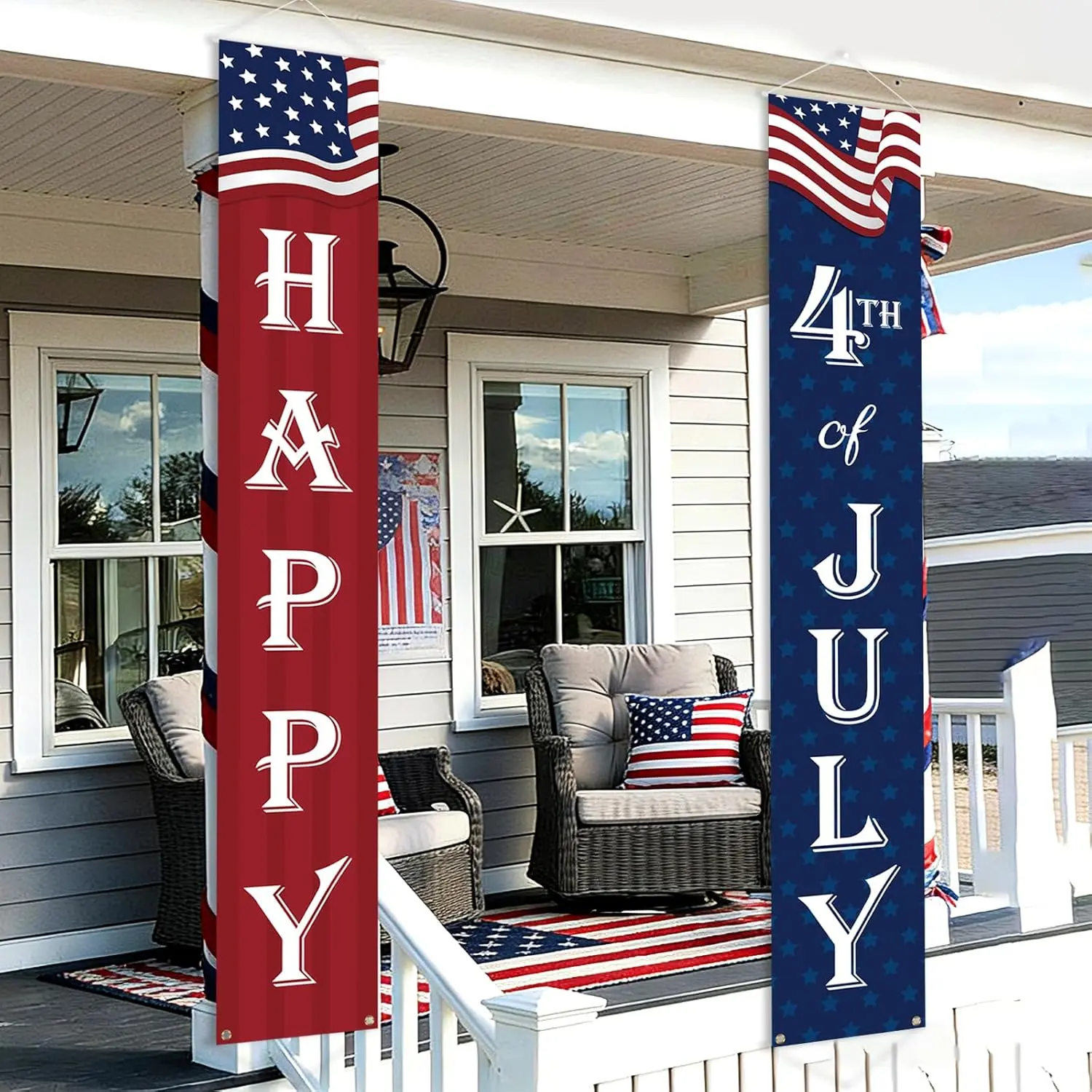 Happy 4th of July Decorations Banner a Set of 2, 12"x71" Fourth of July Party Door Porch Sign Banner for  Yard Lawn Front Door Decor, Red Blue White Parties Decoration Indoor Outdoor ( Flag)