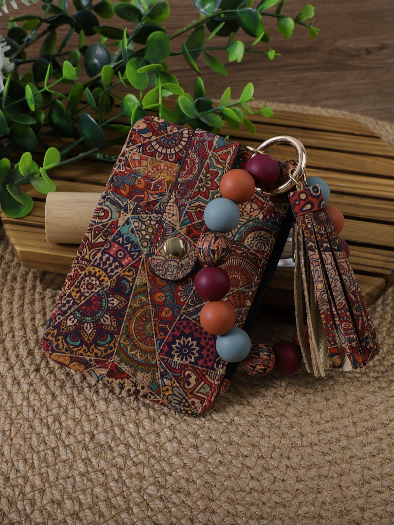 Vintage Boho Style Keychain, Stylish Keychain, Floral & Geometric Pattern Beaded Keychain with Card Holder Set for Women & Girls, Fashion Accessories for Daily Use