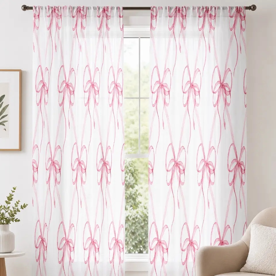 2-piece set, pink bow patterned printed filter window Polyester Curtain, pole-mounted installation, suitable for living room, bedroom and home decoration, washable by hand or machine