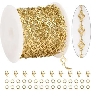 4 Meters Hollow Clover Leaf  Chain Roll  Plated Stainless Steel Chains for  Making with Lobster Clasps and Jump Rings for Necklace DIY