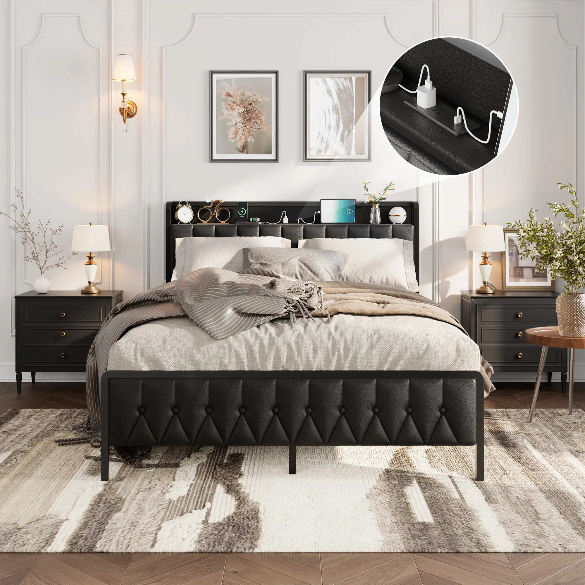 Modern Black Platform Bed Frame with Faux Leather Upholstery – King Size – Storage Button Headboard & Footboard, Built-in Charging Station, Sturdy Noise-Free Structure, No Box Vernal Needed, 12" Underbed Storage