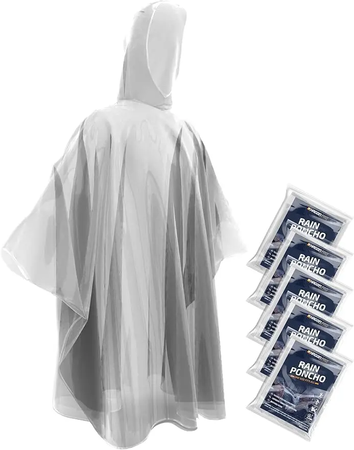Adults' Disposable Hooded Rain Ponchos (5 Pack) - All Seasons Home Supplies Raincoats, Hooded Raincoat