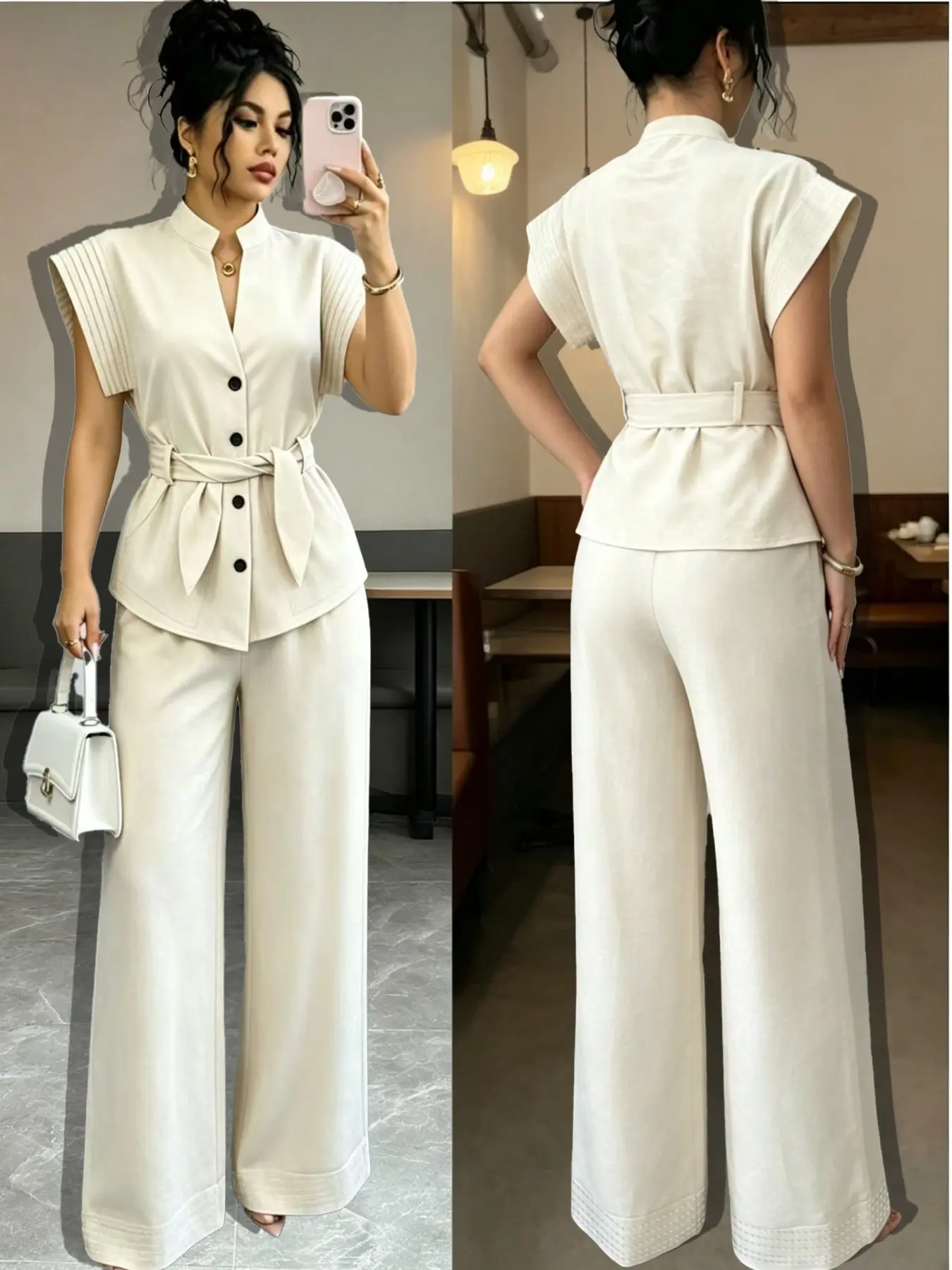 Women's High-End Stand Collar Top and Wide Leg Pants Set, Elegant Casual, Perfect for Everyday Office Commute and Outdoor Wear