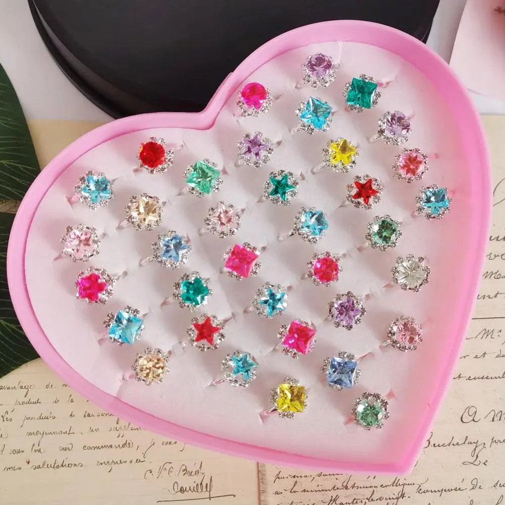 Kids' Adjustable Open Crystal Look Rings Set (12/36PCS) - Jewelry with Heart, Star, Square Designs, Safe Materials for Variety Interests, Girl's Party Gift, Open Rings
