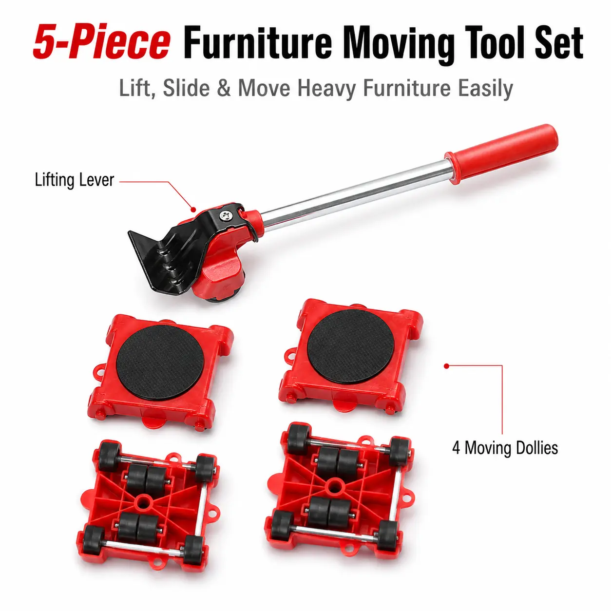 5-Piece Universal Pulley Moving Tool Set for Household Users, Multi-Functional Convenient Shifter for Moving Heavy Items