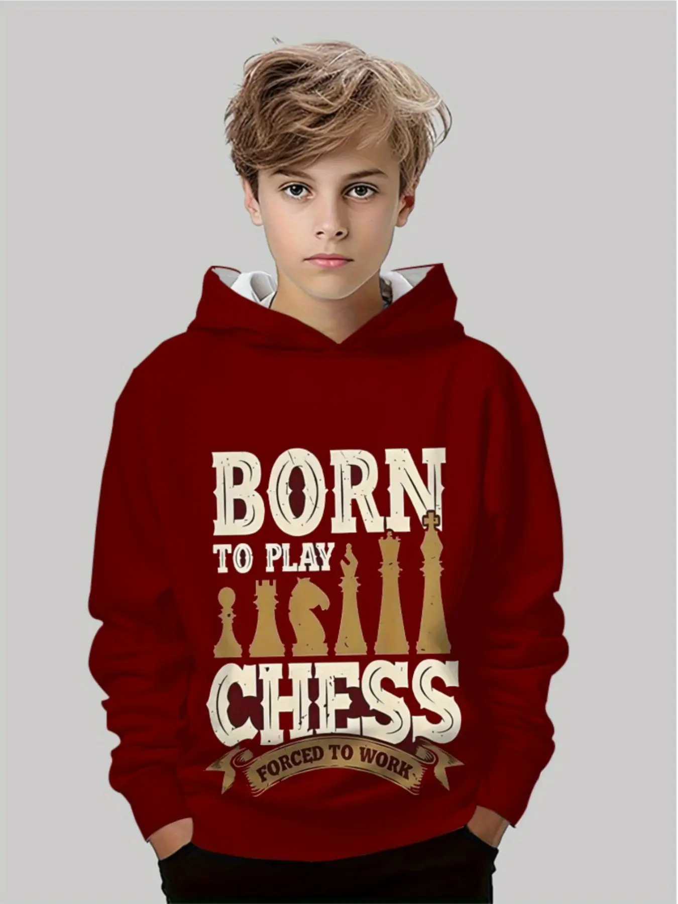 Hooded Pullover Hoodie for Kids, Chess Theme Graphic Print, Casual Long Sleeve Outerwear, Boys' Fashion Jacket, Spring & Fall
