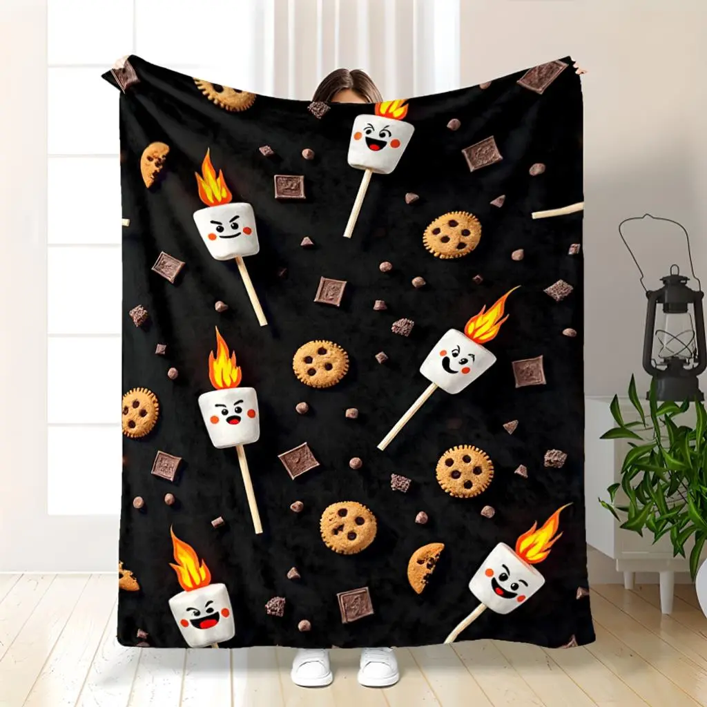 1Pc Marshmallow Blanket - 280Gsm Flannel All-Season Comfy and Cozy Throw, Smores, Marshmallow & Cracker Print, Soft Bedspread for Camping, Reading Nook, Book Lovers Gift, Contemporary Bedding Accessory, Marshmallow Blankets